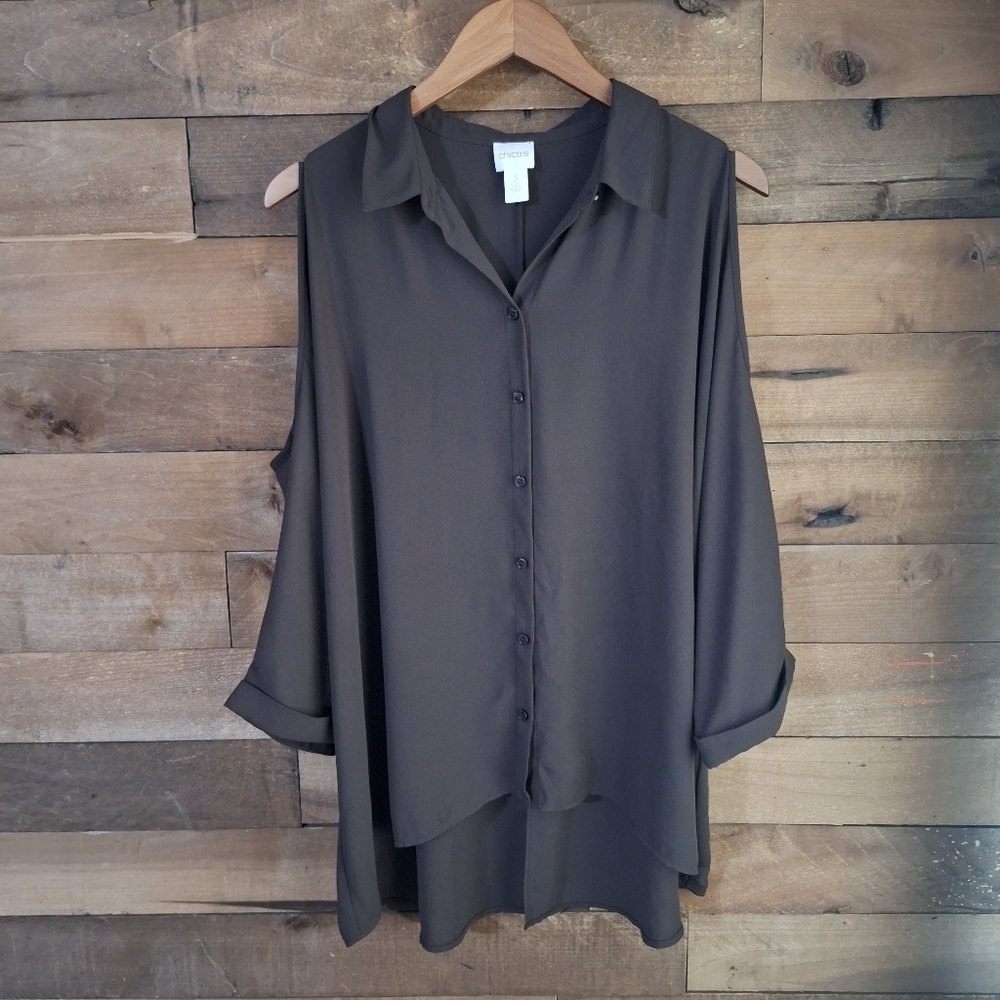 Chicos Cold Shoulder Button Down Brown Tunic chicos Sz 3 Womans XL Or 16